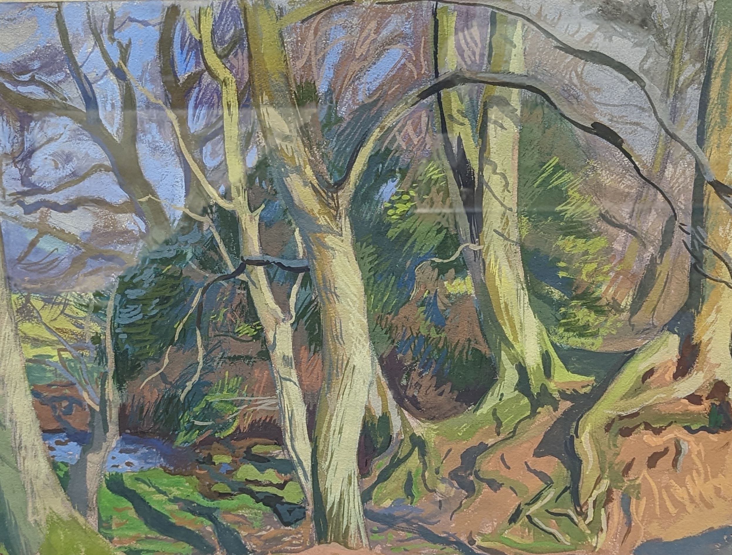 Attributed to Hans Feibush (1898-1998), gouache and pastel, Woodland scene, initialled lower left, 38 x 52cm and a print signed R.Frost
